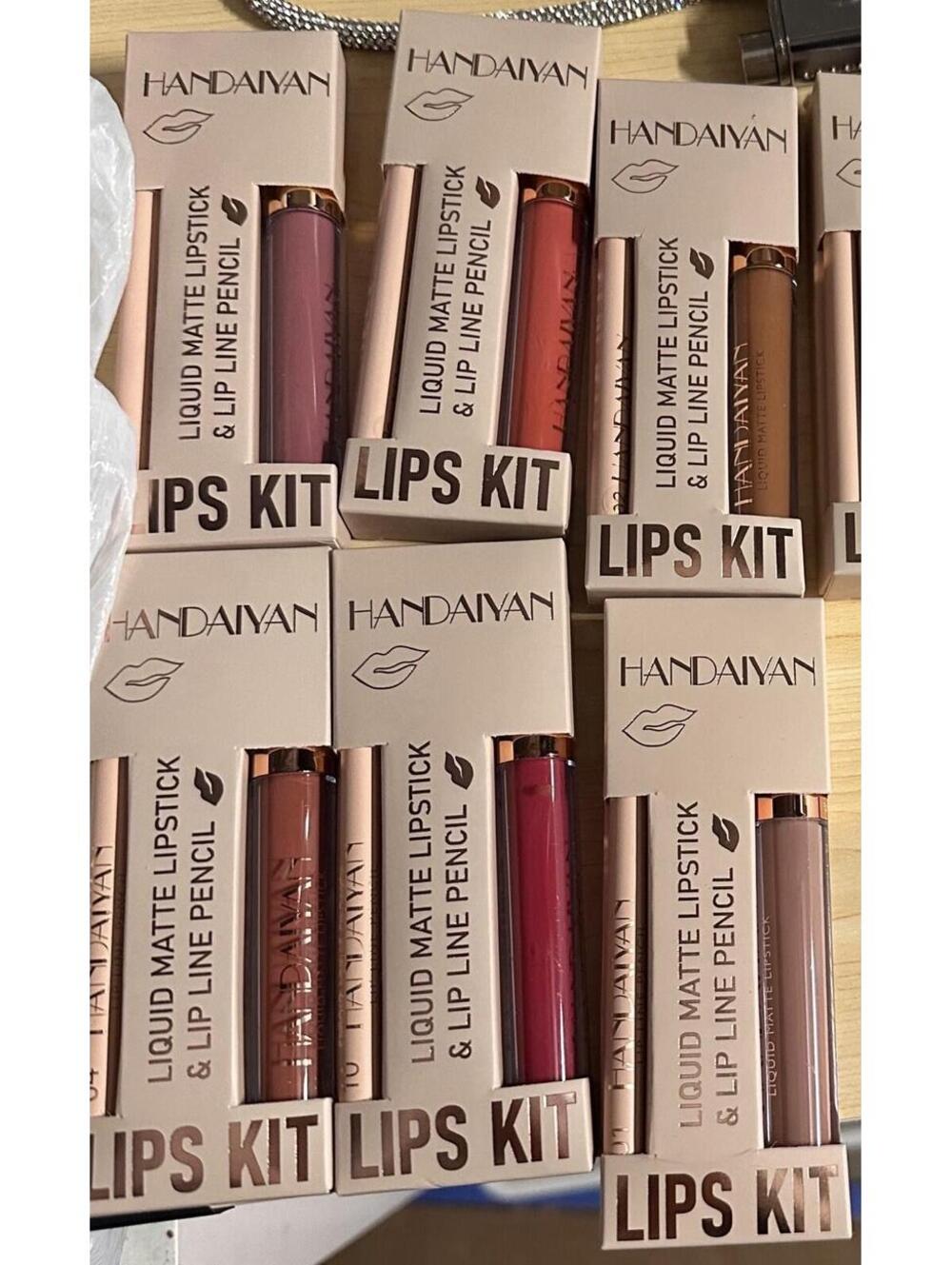 Lot of 6 HANDAIYAN Matte Liquid Lipstick & Lip Line Pencil Kit Pink RedBrownNude